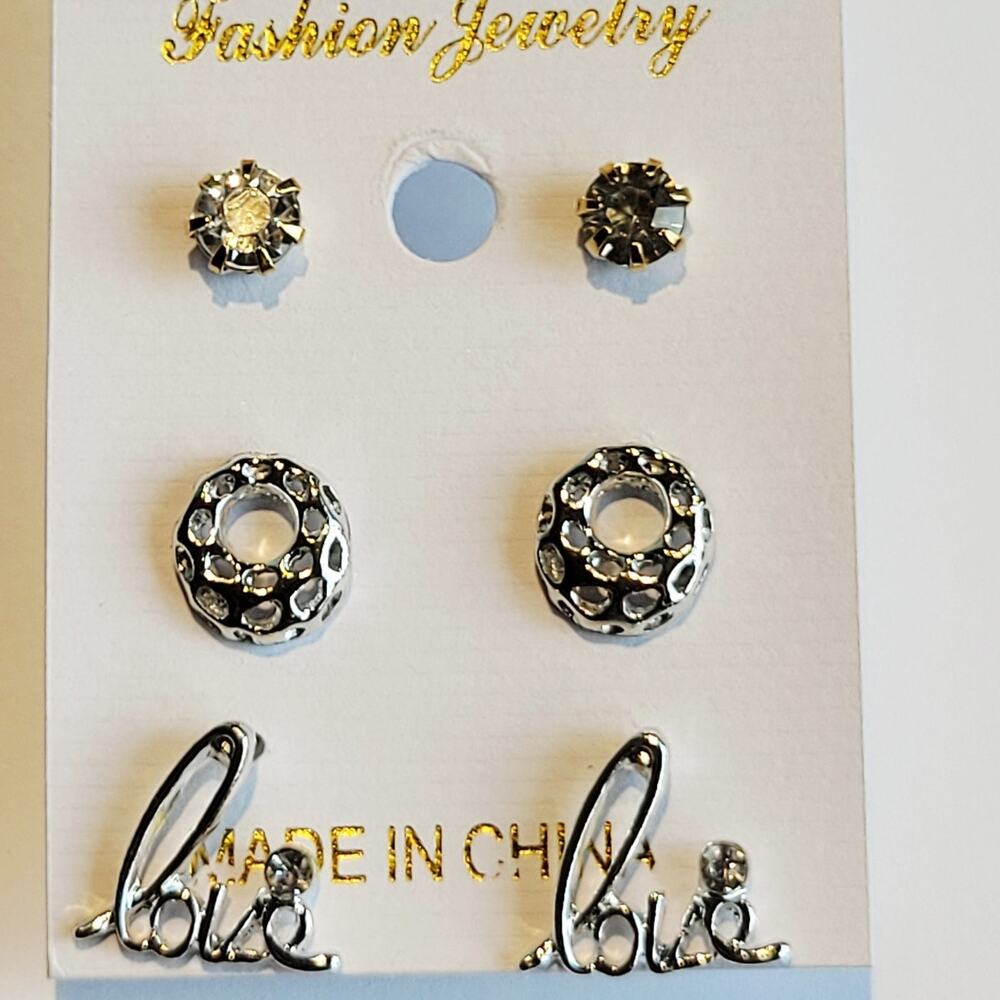 Silver Tone Love Stud ,  And Donut Style Earrings w/ gold Prong Crystal 3 Pairs